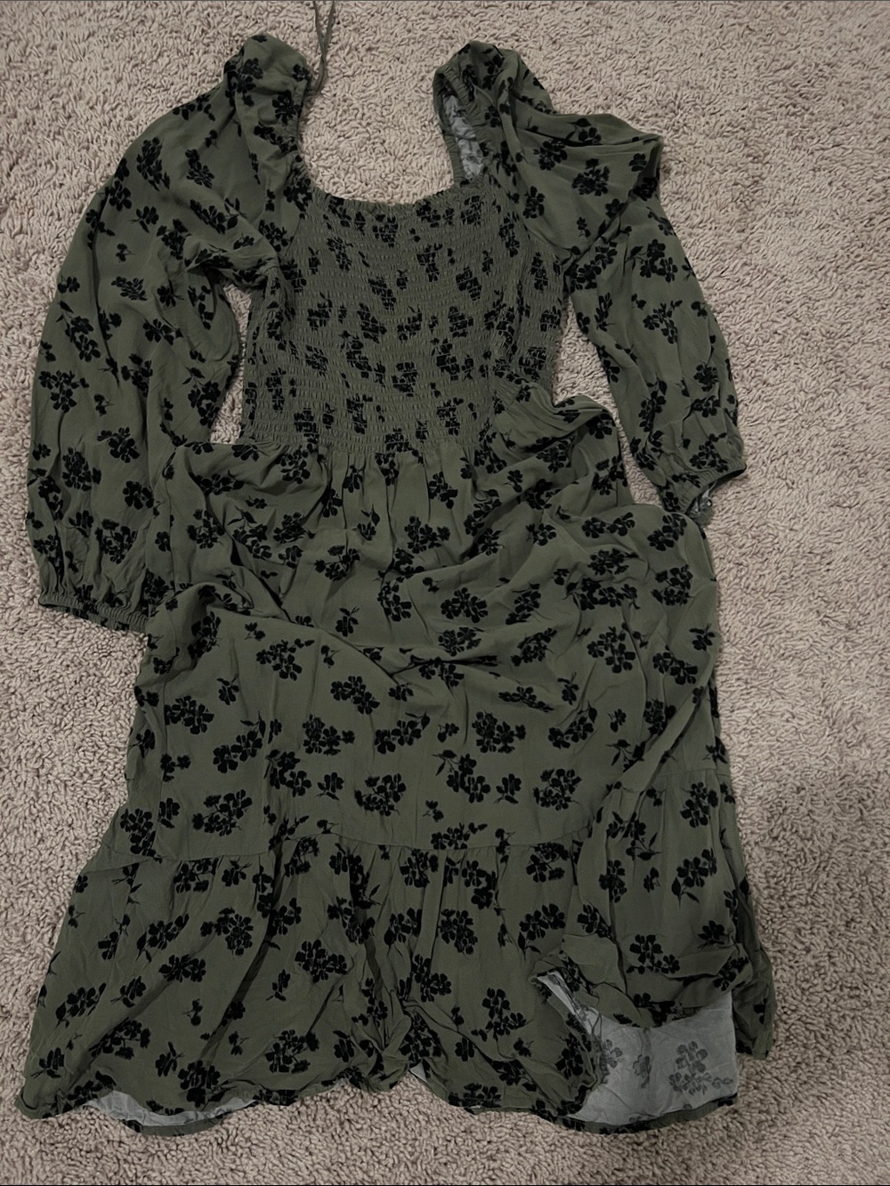 GAP Olive Green Long Sleeve Smocked Floral Dress